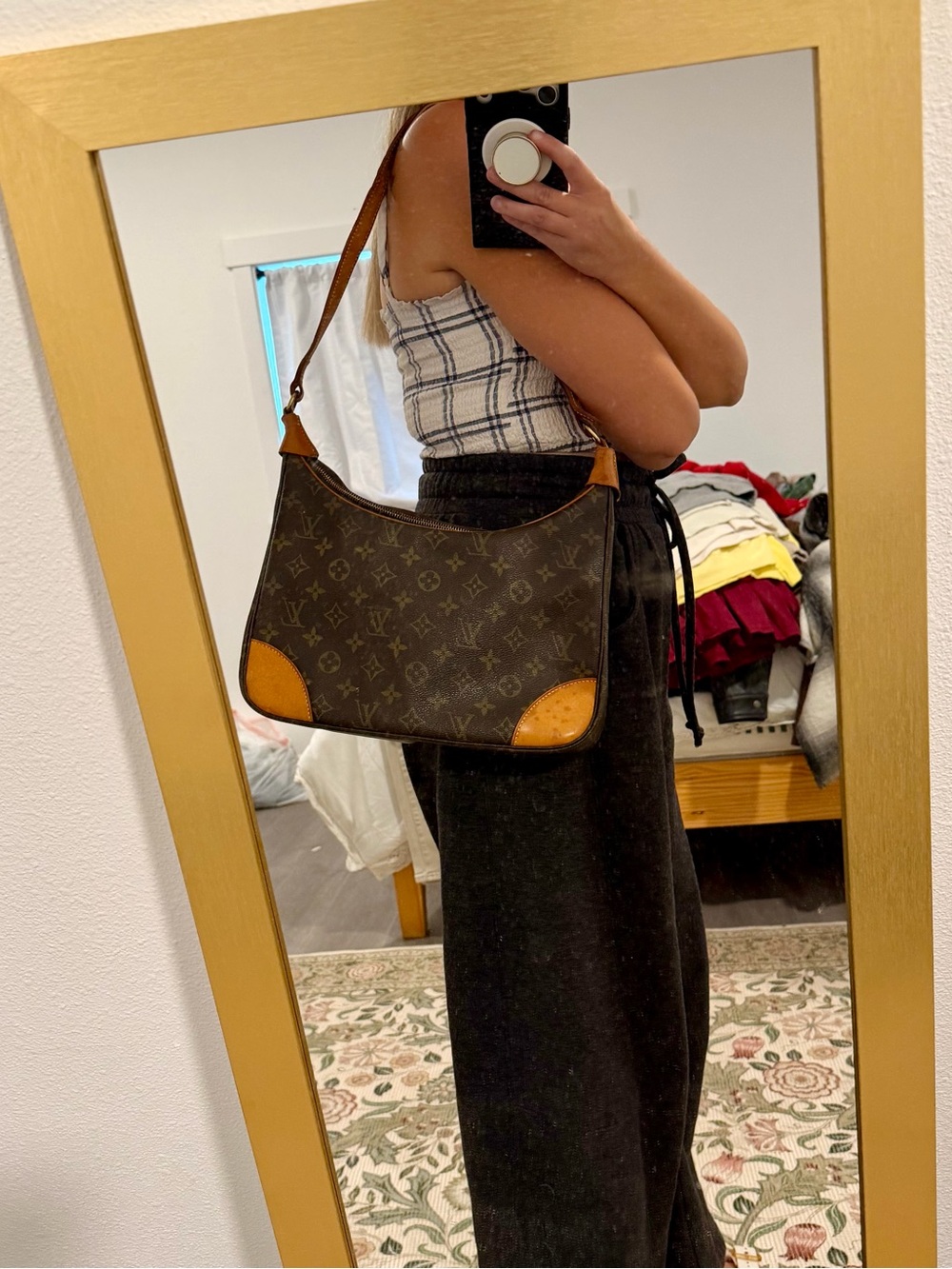 Louis Vuitton Dark Brown Monogram Canvas Shoulder Bag with Tan Trim - Picture 2 of 6
